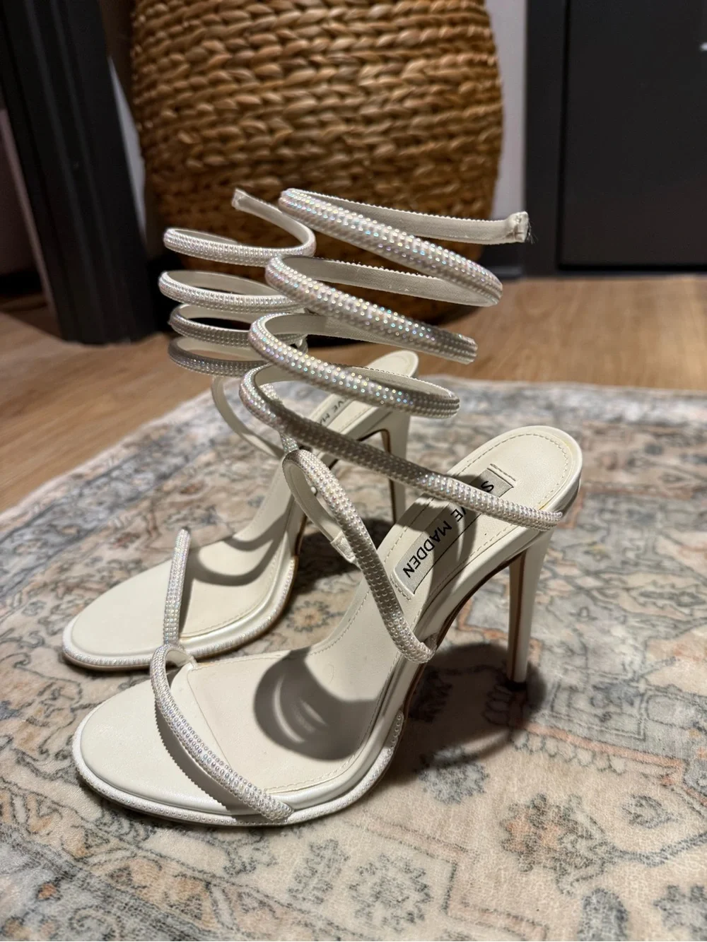 Steve Madden Iridescent White Spiral Wrap Stiletto Sandals